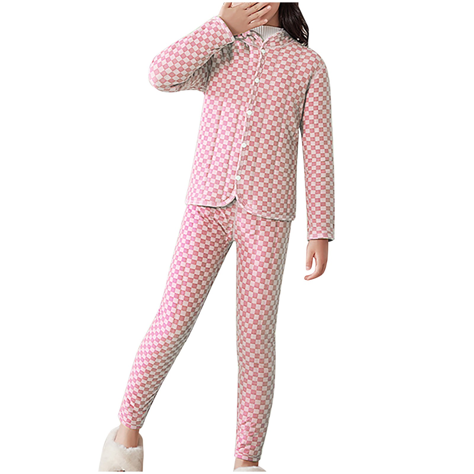 Chbgutlmr Girls' Thermal Clothing Set Plaid Button down Undershirt with Pants Kids Fleece Lined 2 Piece Sets